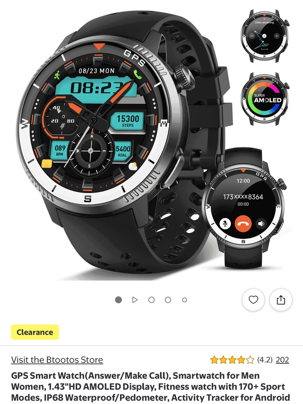 GPS Smart Watch - Black Fitness Smartwatch with AMOLED Display